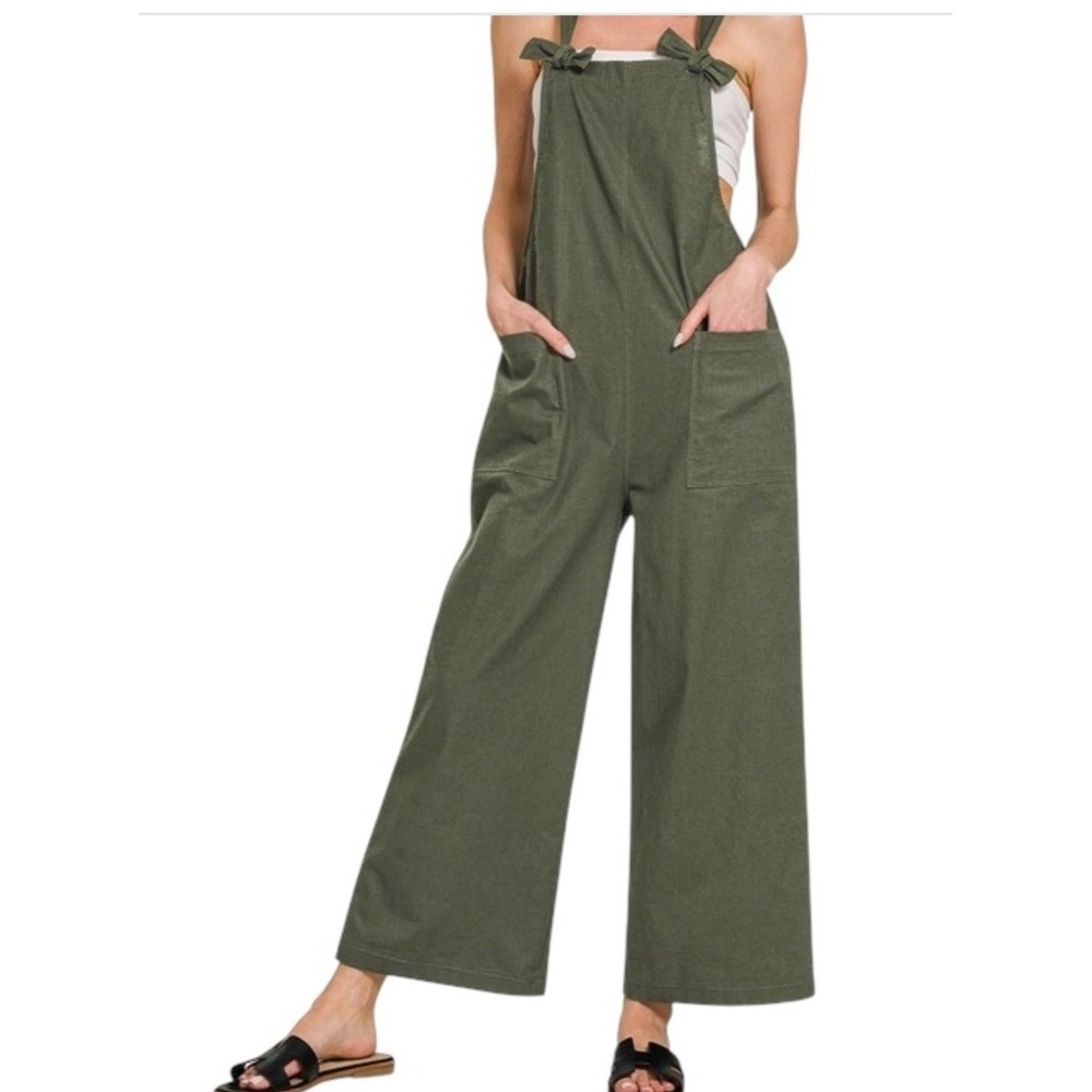 Zenana Woven Knot Strap Overalls Dark Olive Green Wide Leg Jumpsuit Small 7301Y
